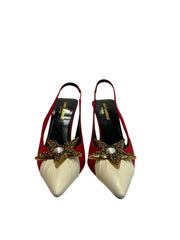 Saint Laurent Volver 115 Slingback Pumps Red Ivory Star Embellished - Size 37
