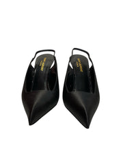 Saint Laurent Kiss Slingback Pumps Black Satin Pointed Toe - Size 37.5