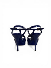 Yves Saint Laurent Tribute Patent Leather Sandals Blue Platform Heels - Size 38.5