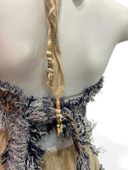 Lace Beige and Blue Tiered Maxi Dress Textured Fringed Halterneck - Size S