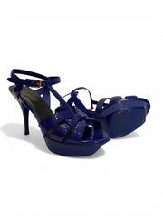 Yves Saint Laurent Tribute Patent Leather Sandals Blue Platform Heels - Size 38.5