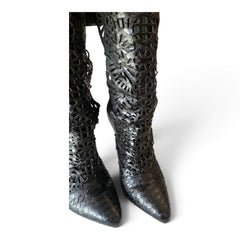 Alexandre Birman Black Laser-Cut Leather Over-the-Knee Stiletto Boots – Size 41