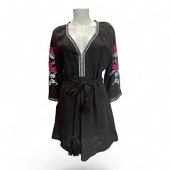 Ancient Kallos Black Linen Embroidered Dress – Small