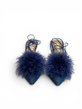 Aquazzura Boudoir Sling 105 Denim Pumps with Feather Pom Pom – Size 40.5 (Full Set)