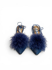 Aquazzura Boudoir Sling 105 Denim Pumps with Feather Pom Pom – Size 40.5 (Full Set)