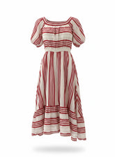 August Beige & Red Striped Linen Dress – Romantic Mediterranean Summer Dress – Size S/M