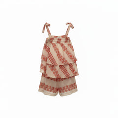 August Red and White Embroidered Top and Shorts Summer Set