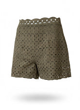 Blumarine Olive Green Eyelet Lace Shorts – Italian Designer Summer Shorts – Size IT 44