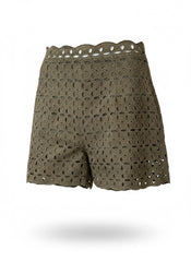 Blumarine Olive Green Eyelet Lace Shorts – Italian Designer Summer Shorts – Size IT 44