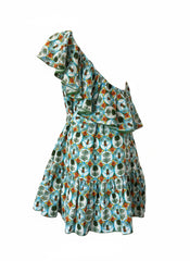 Borgo de Nor Pietra Pineapple Print Linen Mini Dress – Ruffled One-Shoulder Dress – Size 10