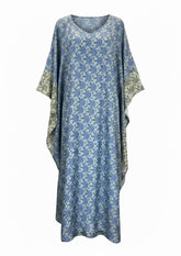 By Walid Blue & Green Silk Kaftan Dress – Rare Artisan Bohemian Luxury – 100% Silk