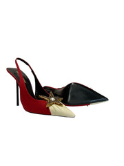 Saint Laurent Volver 115 Slingback Pumps Red Ivory Star Embellished - Size 37