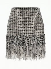 Chanel Black & White Tweed Fringe Skirt - Size 44