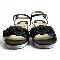 Chanel Camellia Black Leather Block Heel Sandals – Size 41
