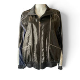 Chanel Satin-Effect Logo Track Jacket with Contrast Piping – Black, Blue & Ivory – Size 44