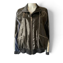 Chanel Satin-Effect Logo Track Jacket with Contrast Piping – Black, Blue & Ivory – Size 44