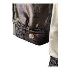 Chanel Satin-Effect Logo Track Jacket with Contrast Piping – Black, Blue & Ivory – Size 44