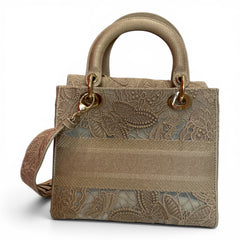 Christian Dior Medium Lady D-Lite Bag – Beige Lace Embroidered Macramé Bag – Rare Collector Piece