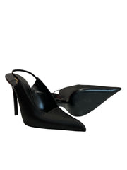 Saint Laurent Kiss Slingback Pumps Black Satin Pointed Toe - Size 37.5