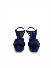 Yves Saint Laurent Tribute Patent Leather Sandals Blue Platform Heels - Size 38.5