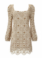 Flicka Beige Crochet Knit Mini Dress – Luxury Bohemian Lace Dress – Size Medium