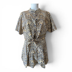 Greek Archaic Kori Geometric Embroidered Blouse & Shorts Set – Blue & Gold – Size S