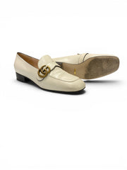 Gucci Marmont White Leather Low Heel Loafers Gold Double G Logo, with Dust Bag - Size 39