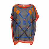 Hermès Silk Print Kaftan Multicolor Orange Blue Grey, One Size, Luxury Resort Wear