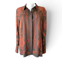 Hermès Equestrian Print Silk Shirt – Brown & Rust – Size 44