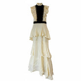 Filosofía Vestido Largo con Volantes Beige con Terciopelo Negro - Talla 44