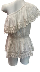 Top de encaje de un hombro Melissa Odabash, blusa de algodón de lujo para resort - Talla grande