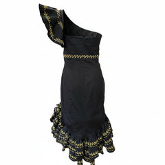Caroline Constas One Shoulder Black Gold Dress, Statement Evening Dress - Size Small