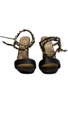 Valentino Rockstud Μαύρα Δερμάτινα Πέδιλα, Ψηλοτάκουνα με Λουράκι στον Αστράγαλο με Χρυσά Καρφιά - Μέγεθος 37