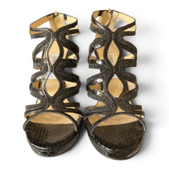 Jimmy Choo Python-Effect & Glitter Cutout Sandals – Black – Size 39.5