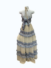 Lace Beige and Blue Tiered Maxi Dress Textured Fringed Halterneck - Size S