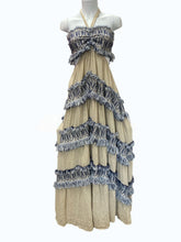 Lace Beige and Blue Tiered Maxi Dress Textured Fringed Halterneck - Size S