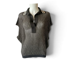 Lanvin Metallic Knit Sleeveless Polo Top – Black – Size XL