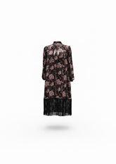 Magda Butrym Floral Silk Fringe Dress – Black & Pink Romantic Evening Dress – Size 38