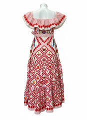 Mary Katrantzou Ruffled Printed Dress with Belt – White & Red – Size Unspecified