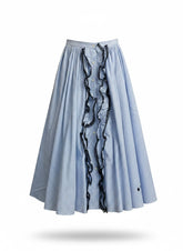Miu Miu Blue White Gingham Ruffle Midi Skirt Lace Trim – Size 38 | Playful Feminine Statement