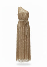 Mya Gold Sequin One-Shoulder Fringe Gown – No Size Tag