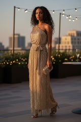 Mya Gold Sequin One-Shoulder Fringe Gown – No Size Tag