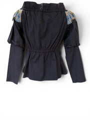 Peter Pilotto Navy Cotton Embroidered Statement Collar Top - Size 40