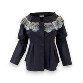 Peter Pilotto Navy Cotton Embroidered Statement Collar Top - Size 40