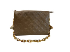 Louis Vuitton Coussin PM Beige Lambskin Leather Shoulder Bag Monogram Embossed Chain Strap