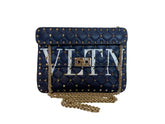 Valentino Garavani Rockstud Spike Shoulder Bag Blue Leather VLTN Logo