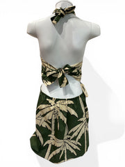 Johanna Ortiz Green & Beige Printed Linen Mini Dress Halterneck - Size 8