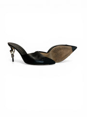 Chanel Black Leather Pointed Toe Mules Pearl Snake Heel Statement - Size 38
