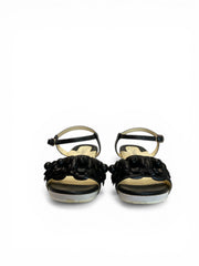 Chanel Camellia Black Leather Block Heel Sandals Floral Motif Ankle Strap - Size 37