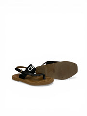 Chloé Logo Strap Flat Sandals Black Leather Wood Sole - Size 38
